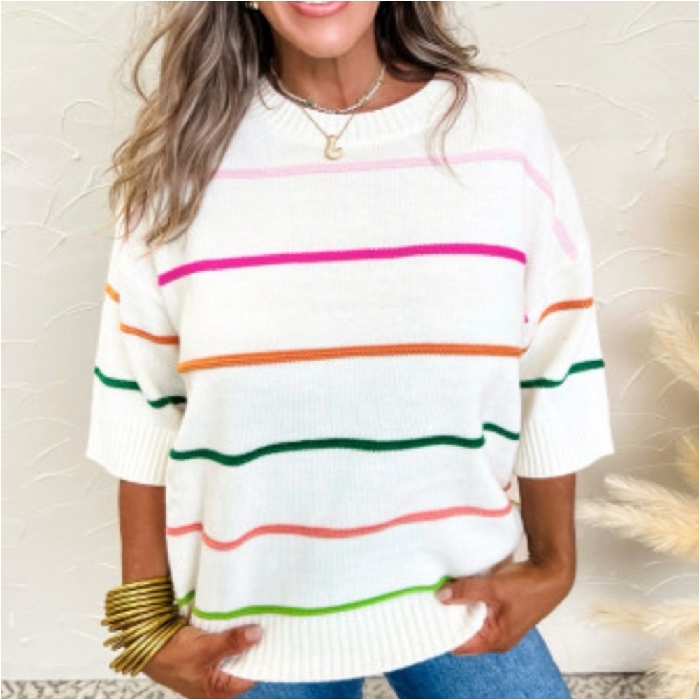 Mod Knit Elbow-length Sweater with Colorful Stripes, Size L